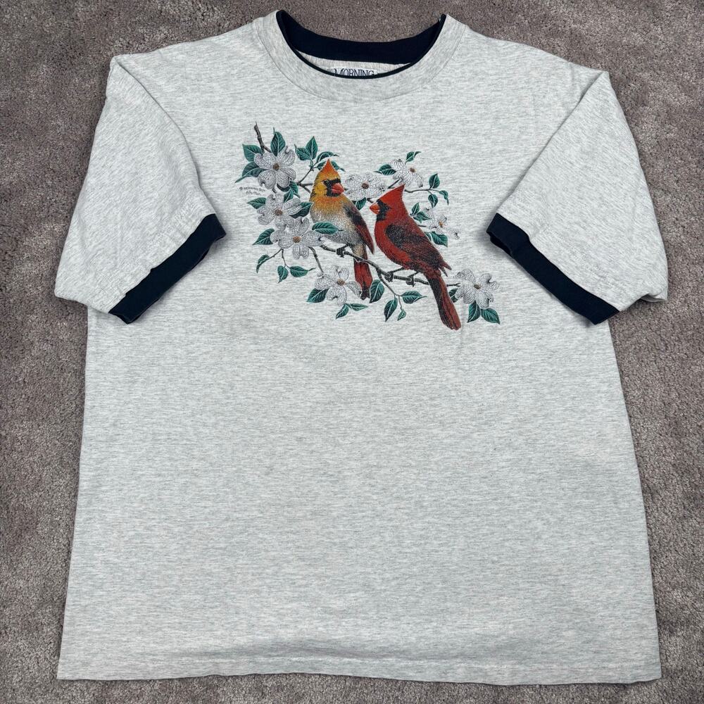 Vtg Morning Sun Cardinals Flowers T-Shirt Size L Grandma Nature Bird Gray